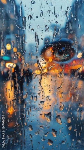 Vibrant city lights shimmering through raindrops on glass at night
