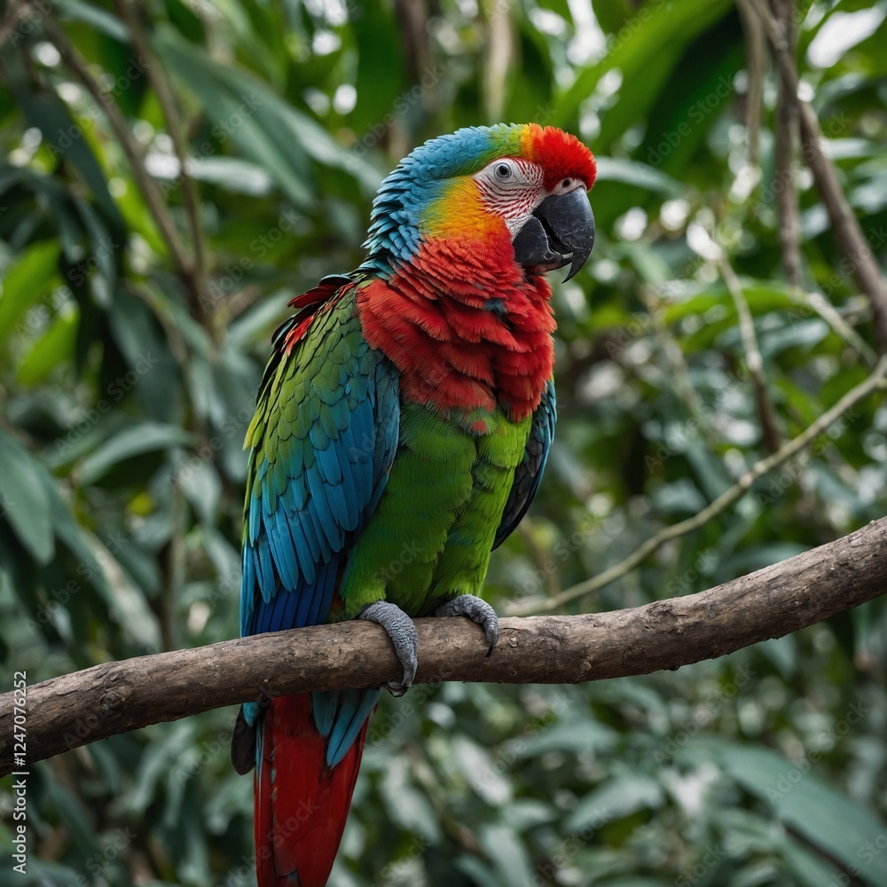 Obraz premium Parrot on a tree branch A macaw chick with rainbow feathers perched on a branch, with blurred jungle. Create an image of a vibrant, colorful parrot wearing stylish glasses.