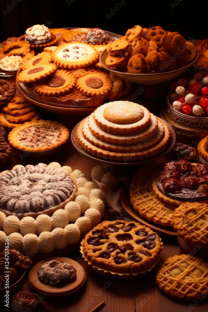 Delicious Pastry Bake. Assorted Food Images of Cookies, Pies, and Desserts with Spice Pour and Icing Drizzle on Top Delicious Pastry Bake. Assorted Food Images of Cookies, Pies, and Desserts with Spice Pour and Icing Drizzle on Top