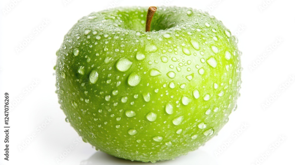 Isolated image of a fresh green apple with water droplets, placed on a clean white background. Ideal for food or health-related advertisements. Isolated image of a fresh green apple with water droplets, placed on a clean white background. Ideal for food or health-related advertisements.