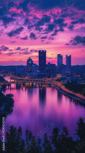 Stunning sunset casts vibrant purple hues over Pittsburgh city skyline and ri...