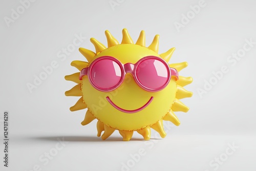 A cartoonish sun wearing sunglasses, exuding a joyful and playful atmosphere, perfect for summer themes or children's imagery photo