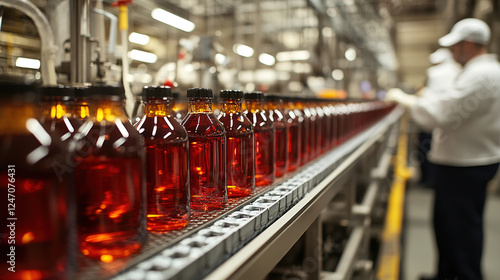 Wallpaper Mural Rows of amber liquid filled bottles moving on a conveyor belt inside of a manufacturing plant. Torontodigital.ca