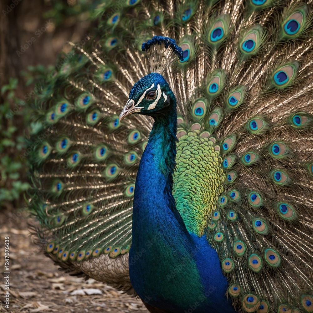 Fototapeta premium peacock with feathers out up close and in full splendor. peacock with feathers. Peacock to spread his tail, showing its feathers. Close up portrait of peacock