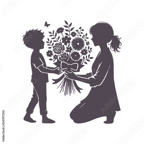 Mother's Day Silhouette: Child Presenting Flowers to Mom