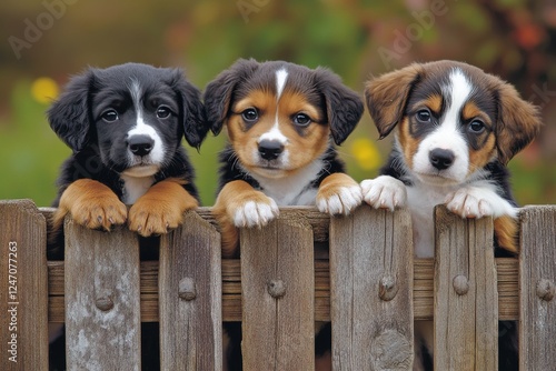 Three adorable puppies peeking over a wooden fence in a grassy backyard durin...