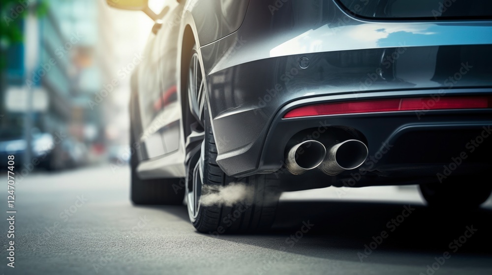 Dirty Black Bumper of Luxury Sedan Car with Traction Dual Exhaust Pipes in City Environment - Automotive Industry Concept Dirty Black Bumper of Luxury Sedan Car with Traction Dual Exhaust Pipes in City Environment - Automotive Industry Concept