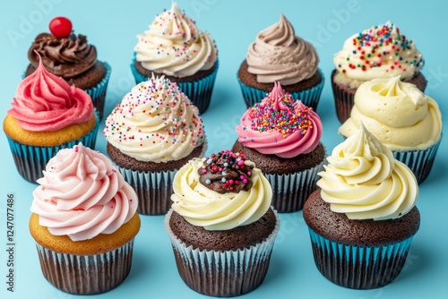 Delicious assortment of colorful cupcakes displayed on a blue background