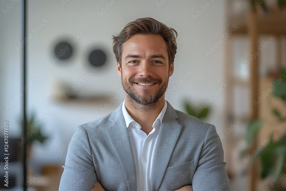 Naklejka premium In a stylish office, a man in a suit beams with a friendly smile, showcasing a professional demeanor.