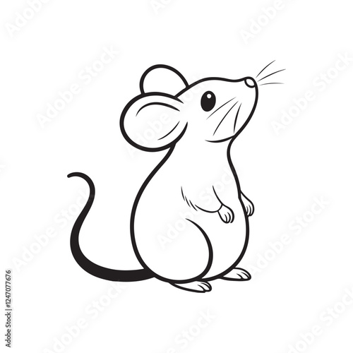 A black and white line drawing of a cute mouse vector.