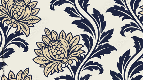 Generative ai. a black and white damask wallpaper with a floral design. The pattern is intricate and detailed, with a variety of shapes and colors that create a beautiful and eye-catching design