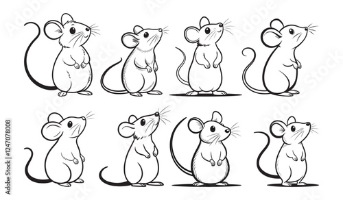 A black and white line drawing of a cute mouse vector.