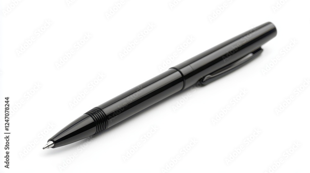 Minimalistic isolated shot of a sleek black pen next to a notepad on a white background, ideal for promoting office supplies or stationery. Minimalistic isolated shot of a sleek black pen next to a notepad on a white background, ideal for promoting office supplies or stationery.