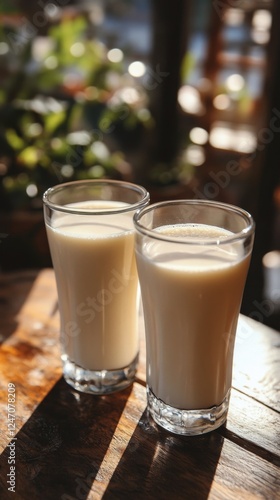 Two glasses of creamy beverage on a rustic wooden table in a cozy interior se...