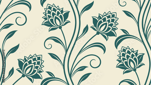 Generative ai. a green and white floral pattern on a beige background. The pattern consists of various flowers and leaves, creating a beautiful and intricate design