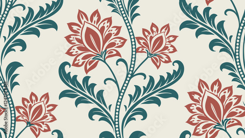 Generative ai. a red and green floral pattern on a white background. The pattern is intricate and detailed, with a variety of shapes and colors that create a beautiful and eye-catching design