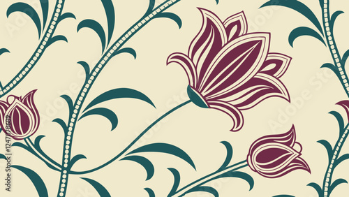 Generative ai. a beige background with a red and green floral pattern, creating a beautiful and intricate design