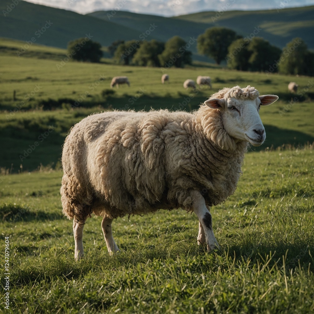 Fototapeta premium A sunlit pasture with grazing sheep and wildflowers. Large sheep with thick, cream-colored fleece stands in grassy field. Sheep has serene expression, looks directly at viewer. Background blurred, 