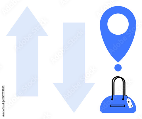 Blue arrows pointing up and down indicating movement or direction, a location pin symbolizing navigation, and a blue handbag with a price tag. Ideal for maps, shopping, directions, travel