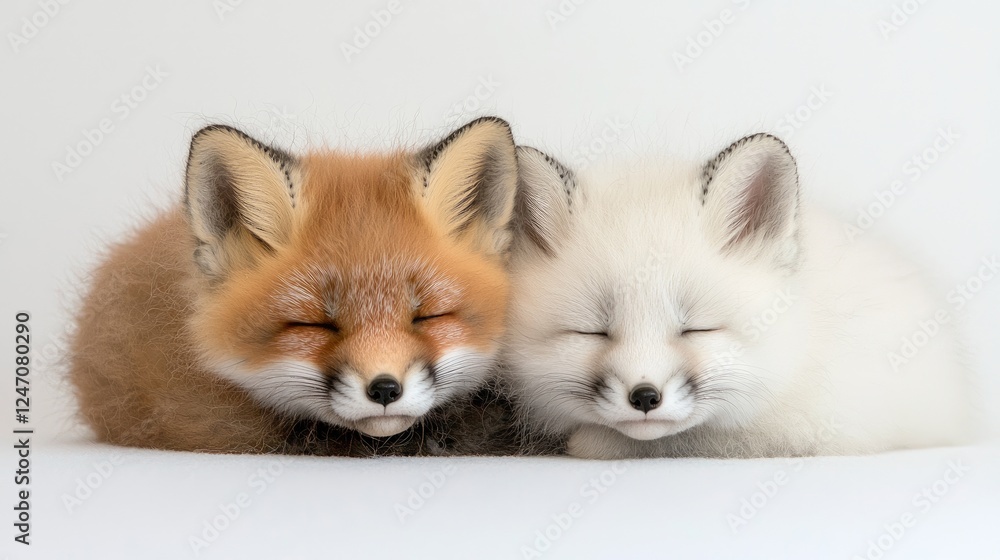 Obraz premium Two fox kits cuddling, sleeping, studio shot, white background, wildlife, pet