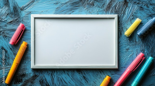 Colorful markers surround a blank picture frame on a vibrant blue surface