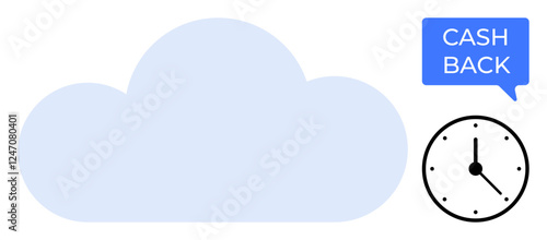 Cloud icon, clock, and cash back speech bubble. Ideal for efficiency, time management, financial savings, cloud storage, modern business customer incentives and tech services. Abstract line flat