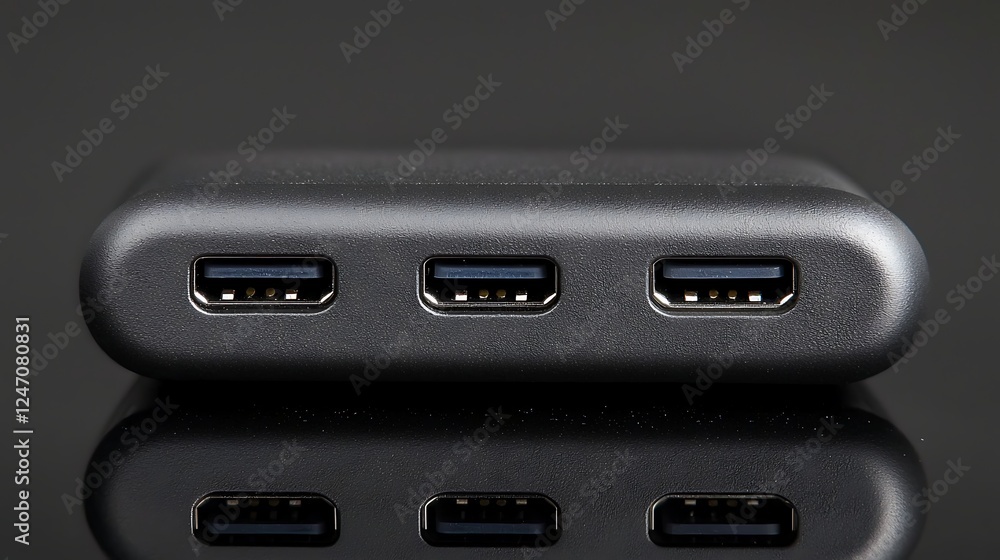 Black USB-C multi-port adapter on dark surface, close-up. Possible use in technology article Black USB-C multi-port adapter on dark surface, close-up. Possible use in technology article