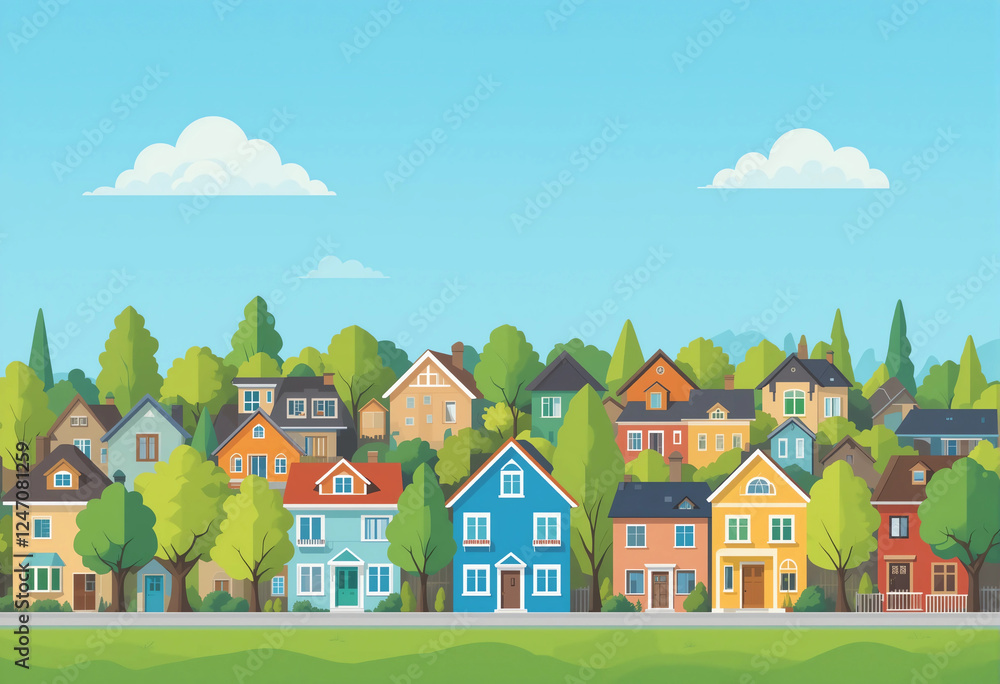 Naklejka premium A neighborhood features colorful houses surrounded by greenery.