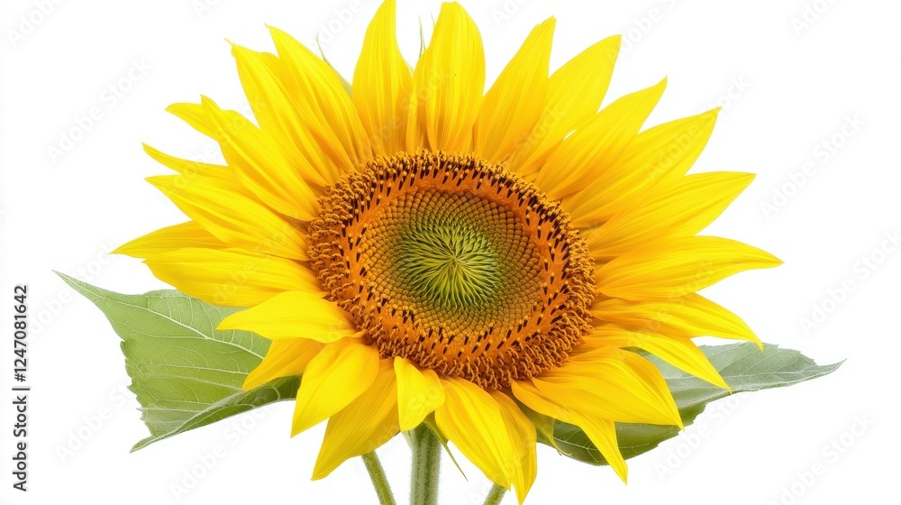 Fototapeta premium Isolated image of a bright yellow sunflower on a white background, ideal for floral or wellness product advertising.