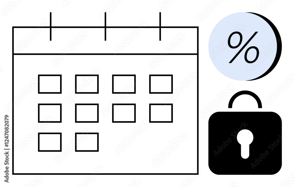 Calendar with multiple dates, percent sign in circle, and padlock. Ideal for financial planning, security protocols, data protection, privacy measures, scheduling, time management, savings. Line Calendar with multiple dates, percent sign in circle, and padlock. Ideal for financial planning, security protocols, data protection, privacy measures, scheduling, time management, savings. Line