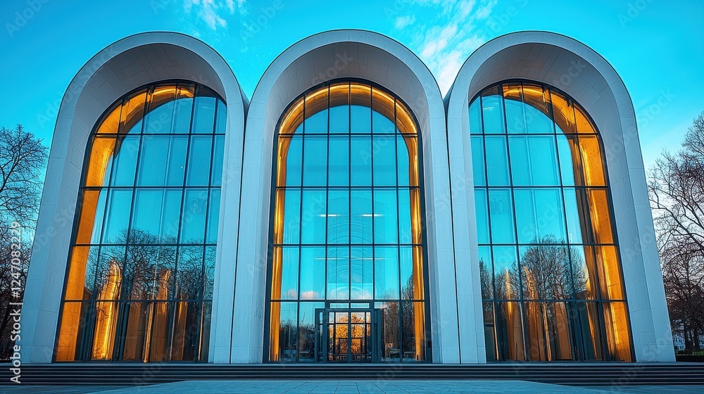 Obraz premium Modern architectural structure with large glass arches and warm lighting.
