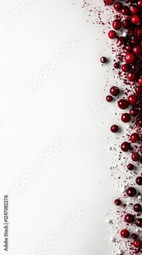 Cranberries on white background with scattered sugar crumbs