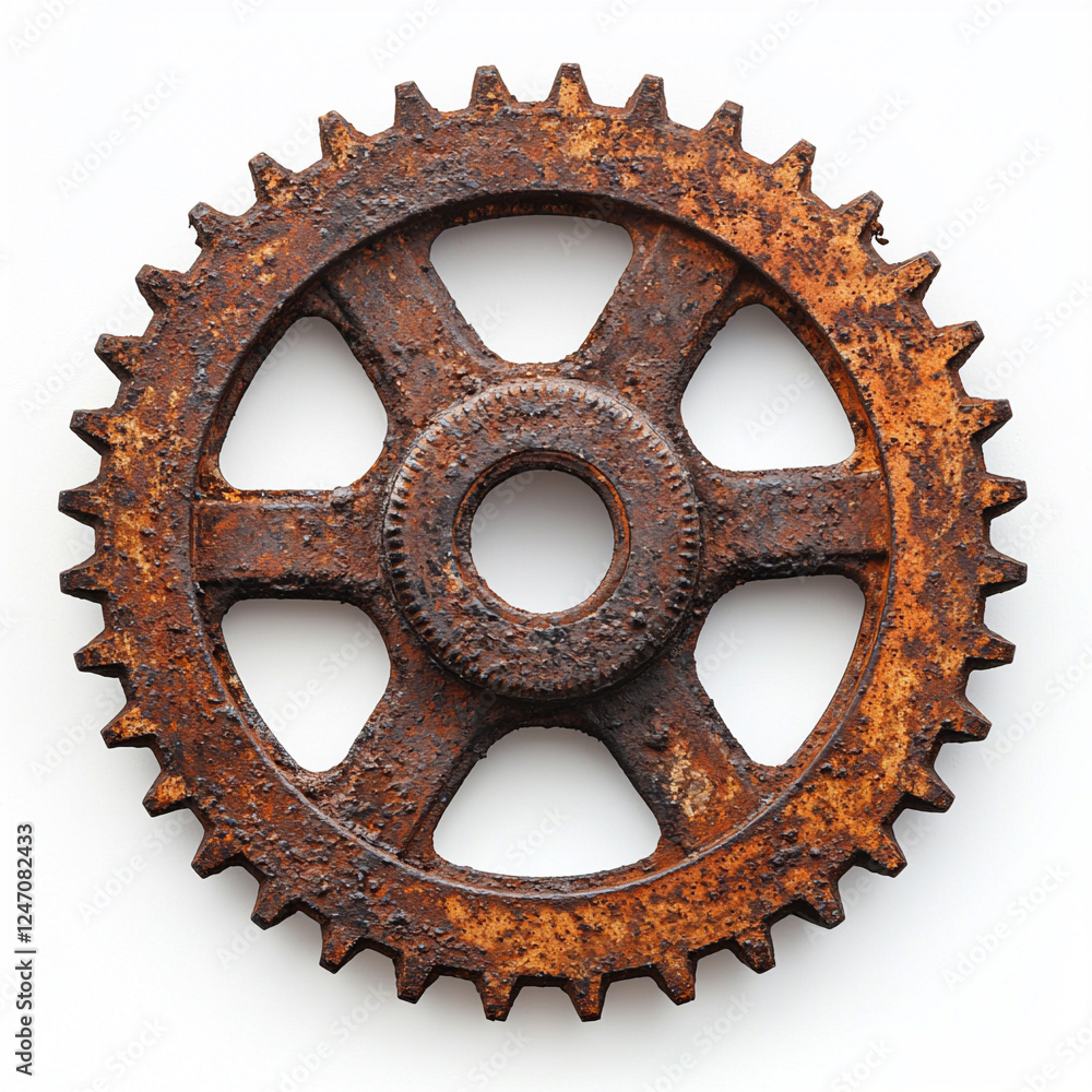 Rusty metal gear resting on a white background, showcasing intricate design and wear from years of use Rusty metal gear resting on a white background, showcasing intricate design and wear from years of use