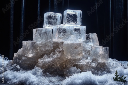 Stunning ice sculpture pyramid illuminated by sunset in a winter landscape