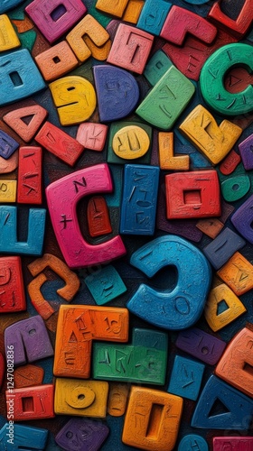 Colorful plastic letters arranged in a vibrant pattern on a surface