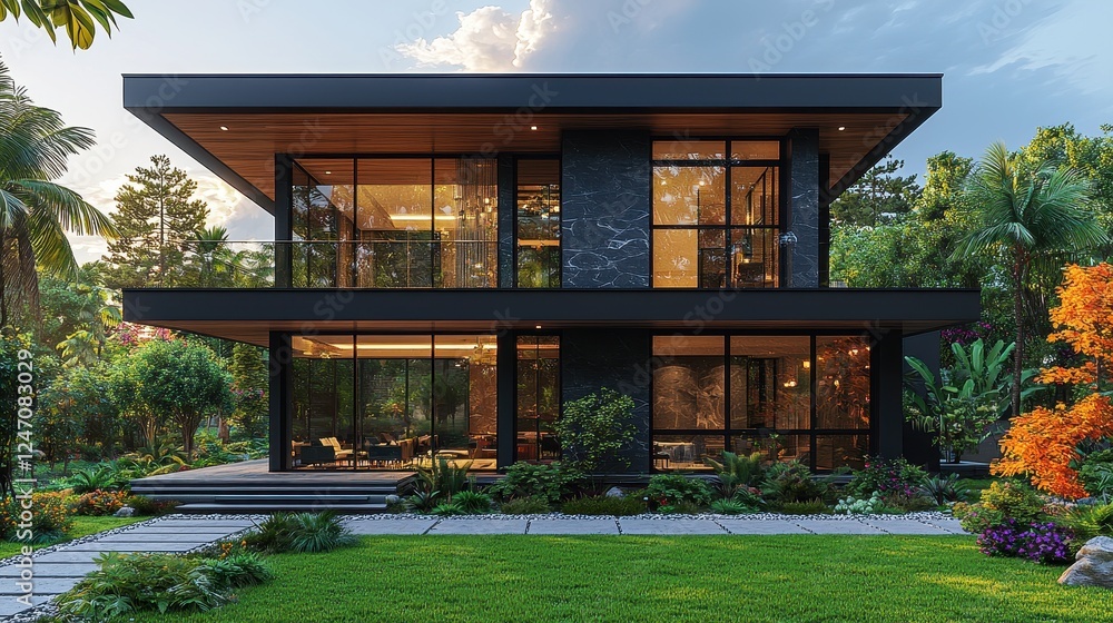 Obraz premium Modern house surrounded by lush greenery and vibrant landscaping.