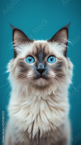 Beautiful Siamese cat with striking blue eyes on a vibrant turquoise background