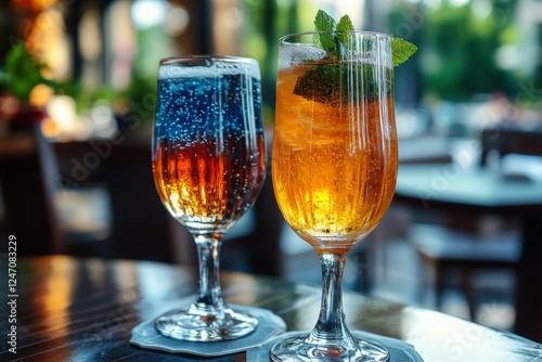 Glasses of chilled golden beverages sit on a reflective surface in a lively o...