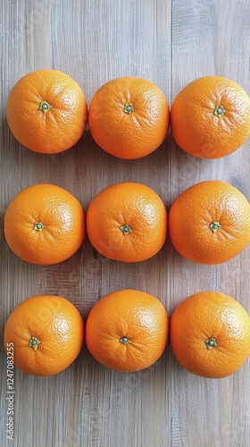 Fresh oranges arranged neatly with green leaves on a light background for a v...