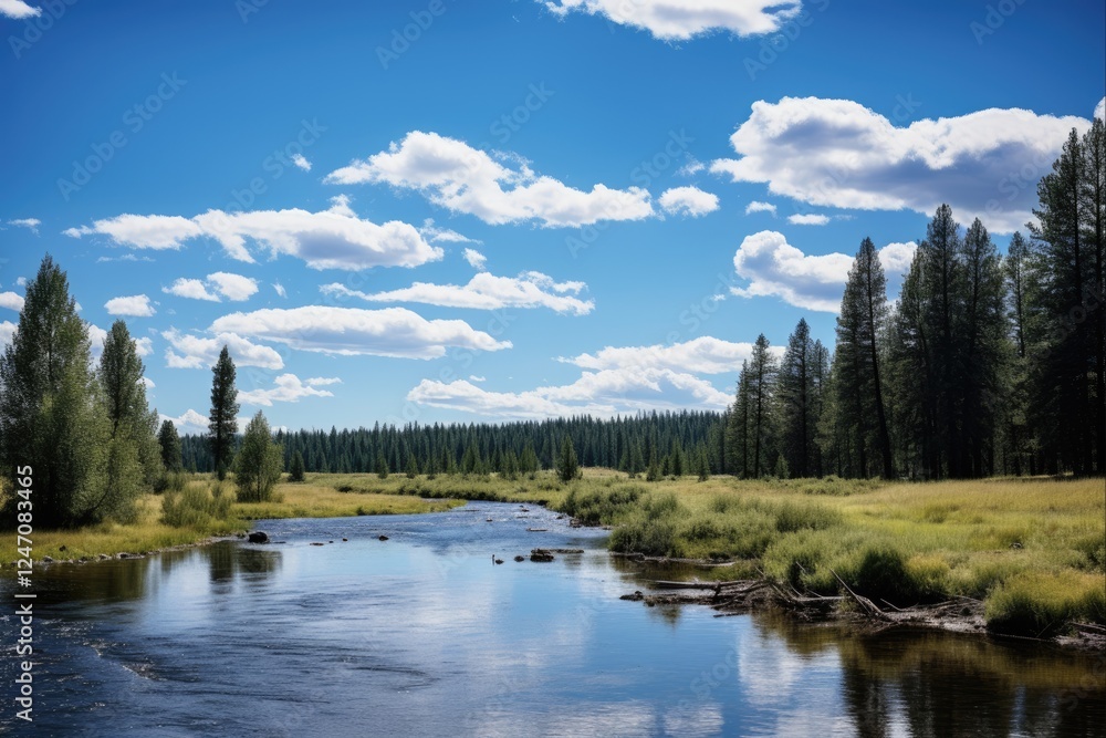 Explore the Beauty of Sunriver, Oregon: Scenic View of Deschutes River with Evergreen Trees, Blue Skies, and Clouds, Perfect for Outdoor Adventure (3:2) Explore the Beauty of Sunriver, Oregon: Scenic View of Deschutes River with Evergreen Trees, Blue Skies, and Clouds, Perfect for Outdoor Adventure (3:2)