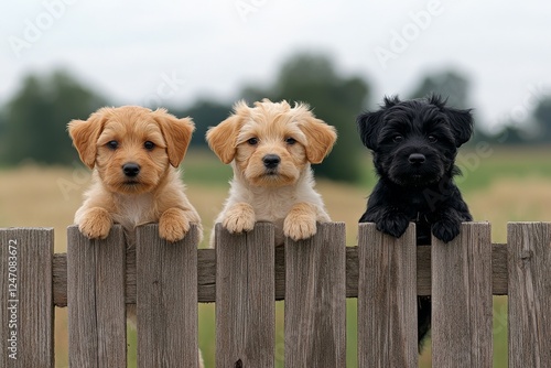 Three adorable puppies peeking over a wooden fence in a grassy backyard durin...