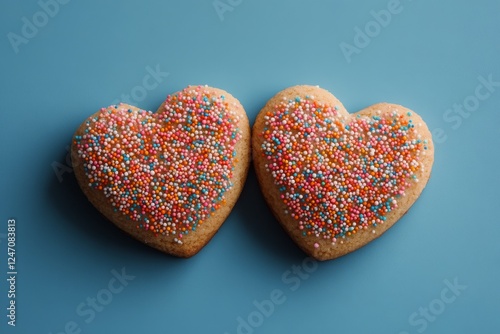 Heart-shaped cookies decorated with colorful sprinkles on a blue background