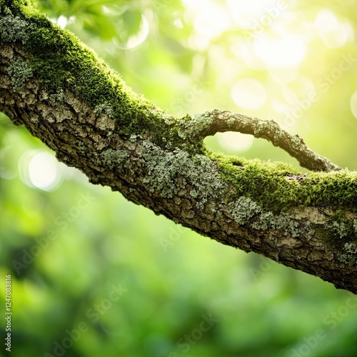 In a mist-shrouded forest, a sun-kissed moss-grown branch emerges