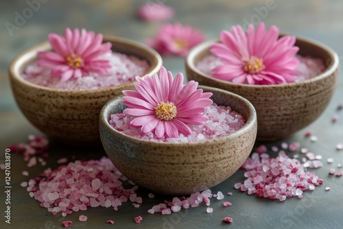 Cherry blossom flowers and pink salt in decorative bowls on a blue surface wi...