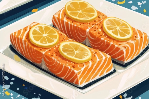 Fresh salmon fillets garnished with lemon slices presented on a clean serving...