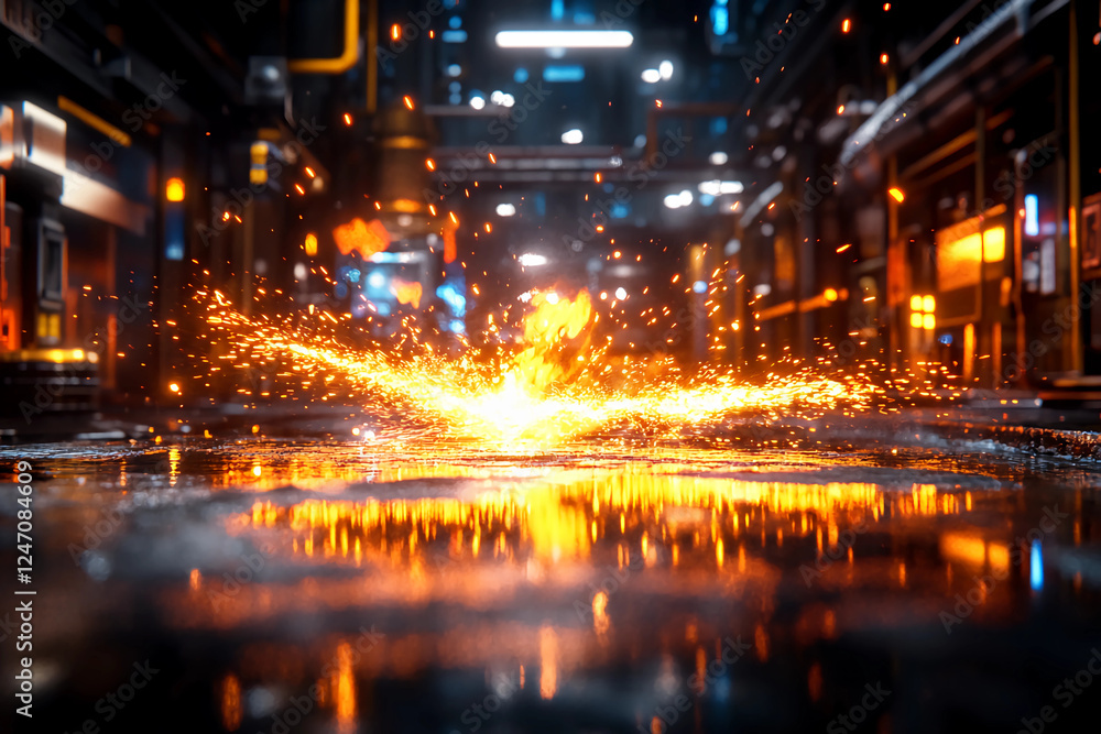 Glowing spark igniting gasoline trail in dark alley, orange flames lighting up surrounding walls, fiery explosion, night scene of intense heat and fire effects Glowing spark igniting gasoline trail in dark alley, orange flames lighting up surrounding walls, fiery explosion, night scene of intense heat and fire effects