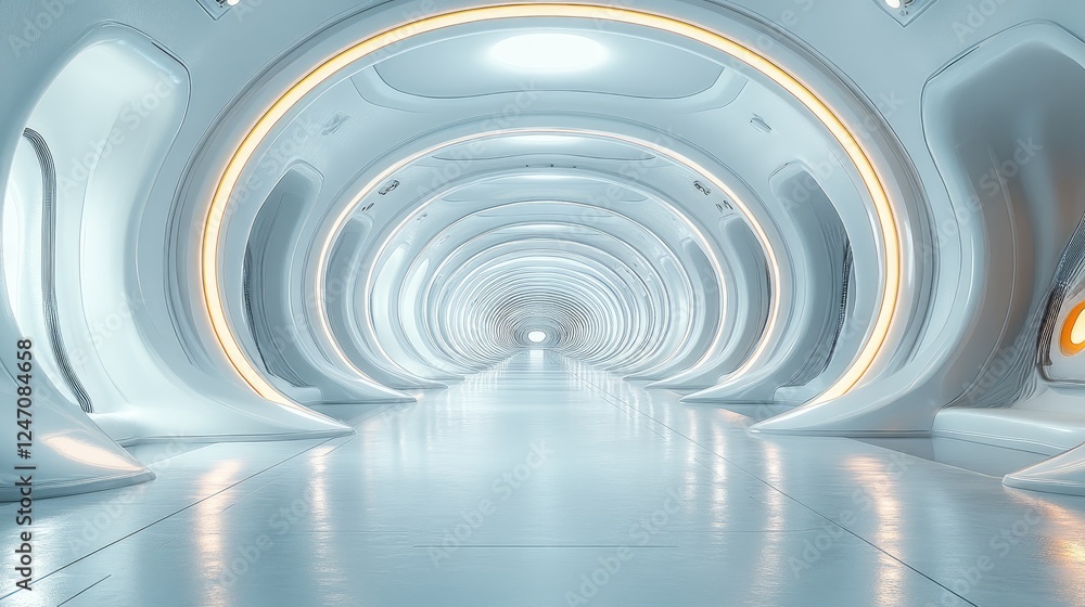 A futuristic, sleek corridor with smooth curves and ambient lighting. A futuristic, sleek corridor with smooth curves and ambient lighting.