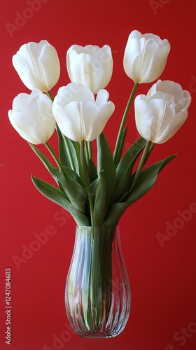 Elegant white tulips arranged against a vibrant red background showcasing nat...