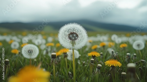 Dandelion field in bloom under cloudy skies with distant mountains in early s...