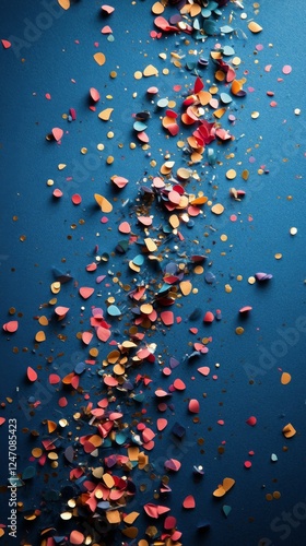 Vibrant confetti scattered across a blue surface creates a festive atmosphere...